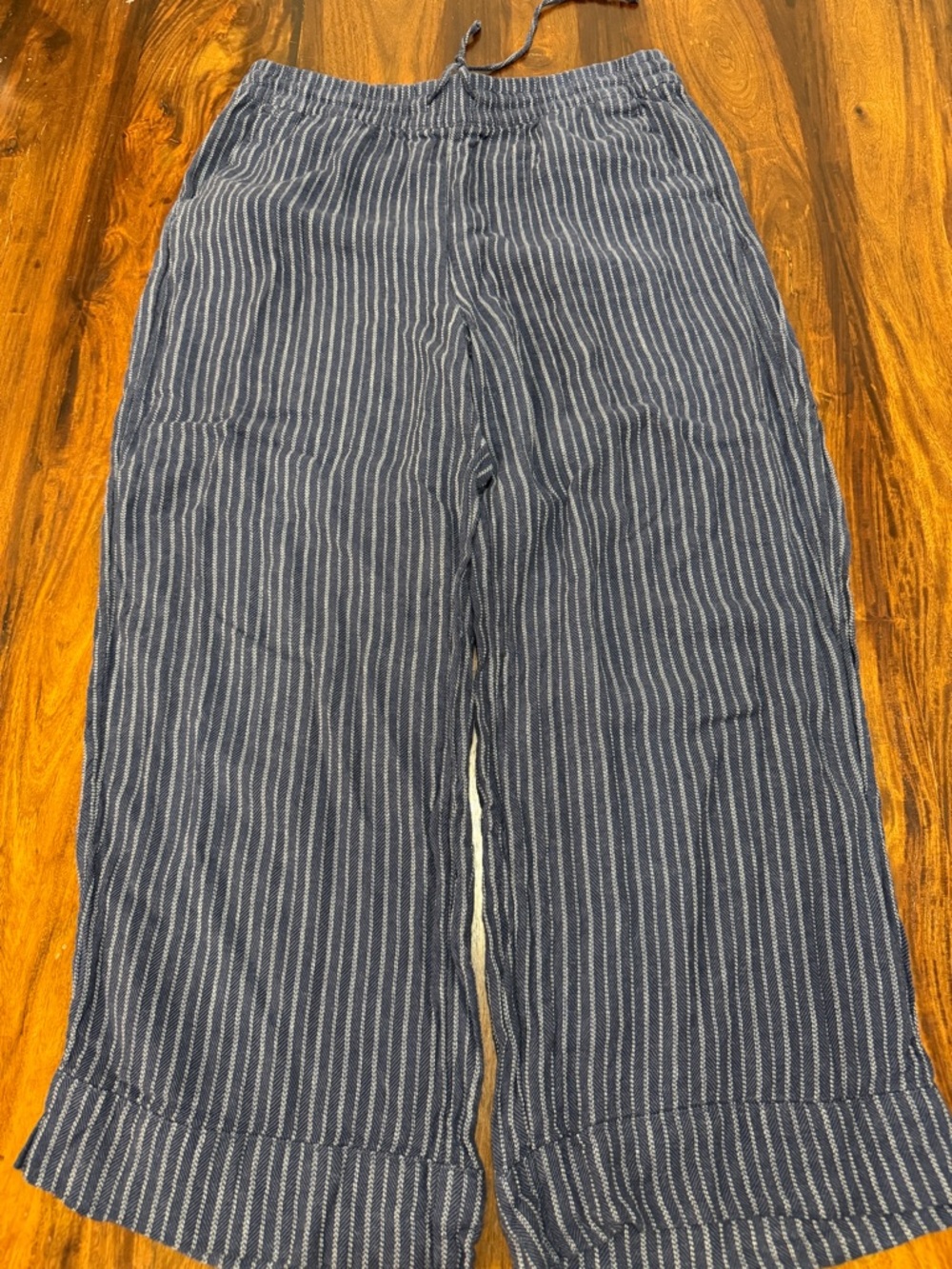 Time and Tru Navy & White Striped Wide Leg Linen-Blend Pants